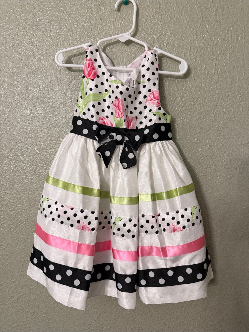 Rare Editions White Floral Polka Dot Party Dress with Pink & Lime Accents